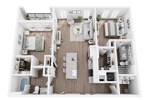 A top-down view of a small, well-organized apartment with a kitchen, living room, and bedroom.